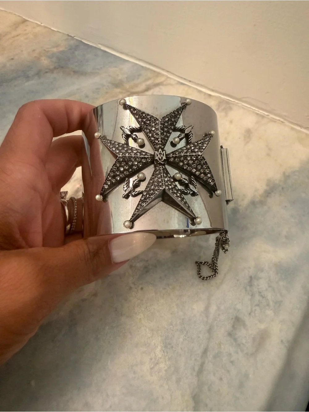Alexander McQueen Silver Starburst Crystal Wide Cuff Bracelet